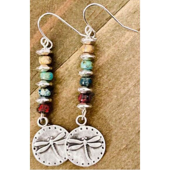 New Vintage Boho Beaded Dragonfly Pendant Earrings With Natural Stones, 1pr - Picture 1 of 7